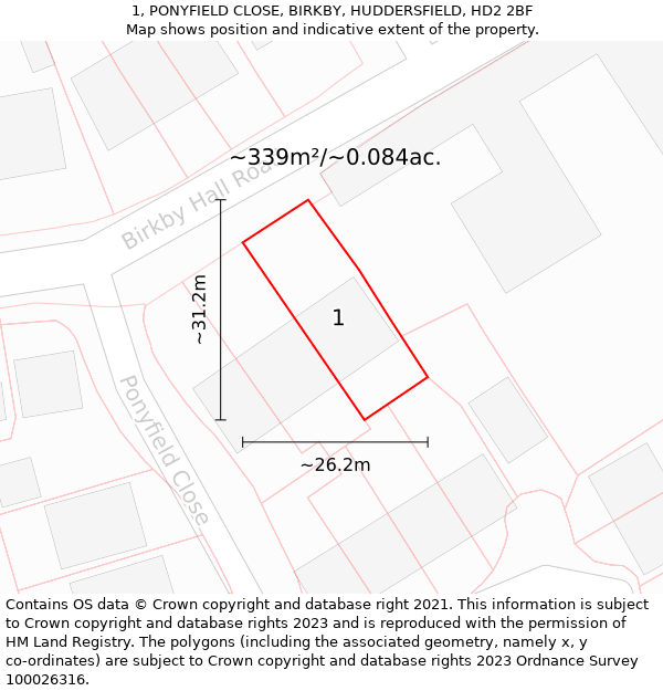 1, PONYFIELD CLOSE, BIRKBY, HUDDERSFIELD, HD2 2BF: Plot and title map