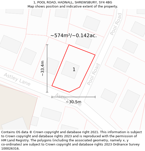 1, POOL ROAD, HADNALL, SHREWSBURY, SY4 4BG: Plot and title map