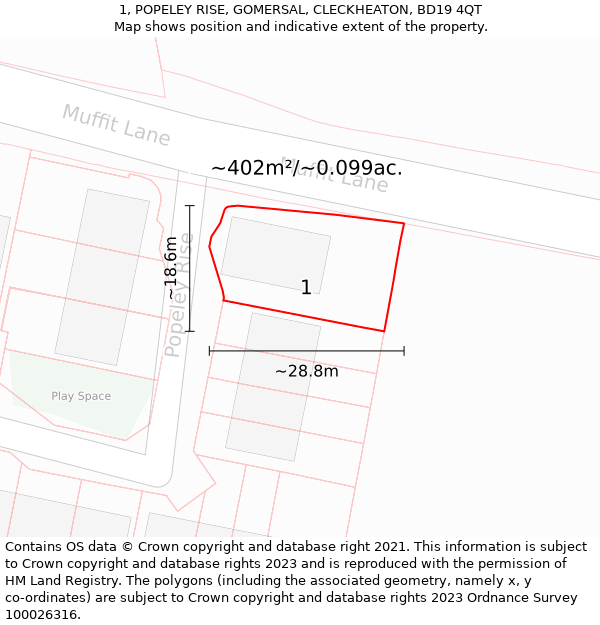 1, POPELEY RISE, GOMERSAL, CLECKHEATON, BD19 4QT: Plot and title map