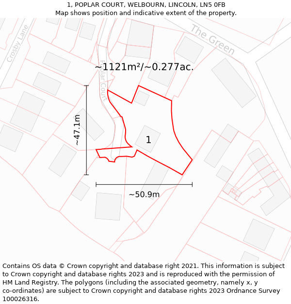 1, POPLAR COURT, WELBOURN, LINCOLN, LN5 0FB: Plot and title map