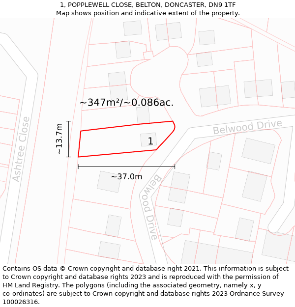 1, POPPLEWELL CLOSE, BELTON, DONCASTER, DN9 1TF: Plot and title map