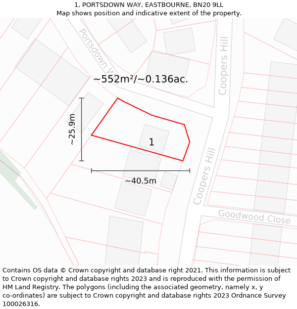 1, PORTSDOWN WAY, EASTBOURNE, BN20 9LL: Plot and title map
