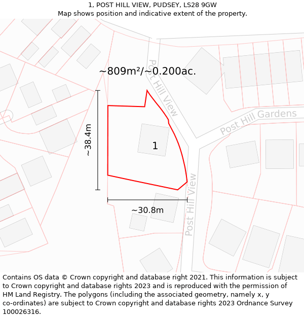 1, POST HILL VIEW, PUDSEY, LS28 9GW: Plot and title map