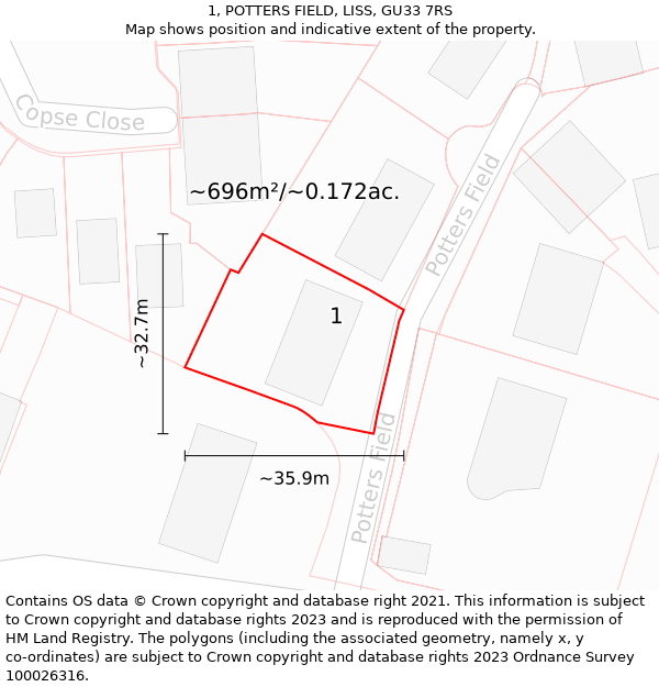 1, POTTERS FIELD, LISS, GU33 7RS: Plot and title map