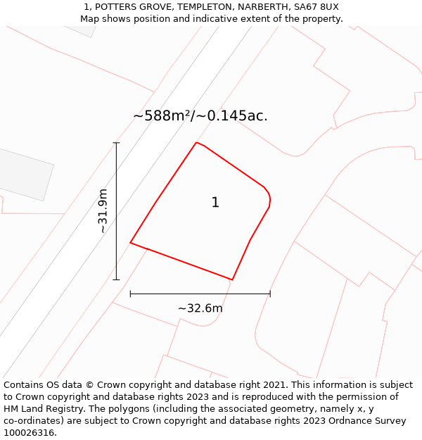 1, POTTERS GROVE, TEMPLETON, NARBERTH, SA67 8UX: Plot and title map