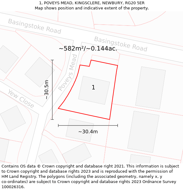 1, POVEYS MEAD, KINGSCLERE, NEWBURY, RG20 5ER: Plot and title map