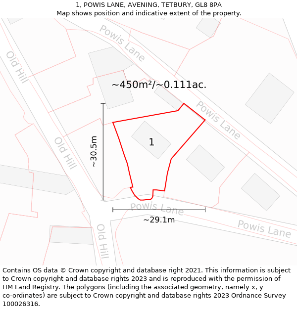 1, POWIS LANE, AVENING, TETBURY, GL8 8PA: Plot and title map