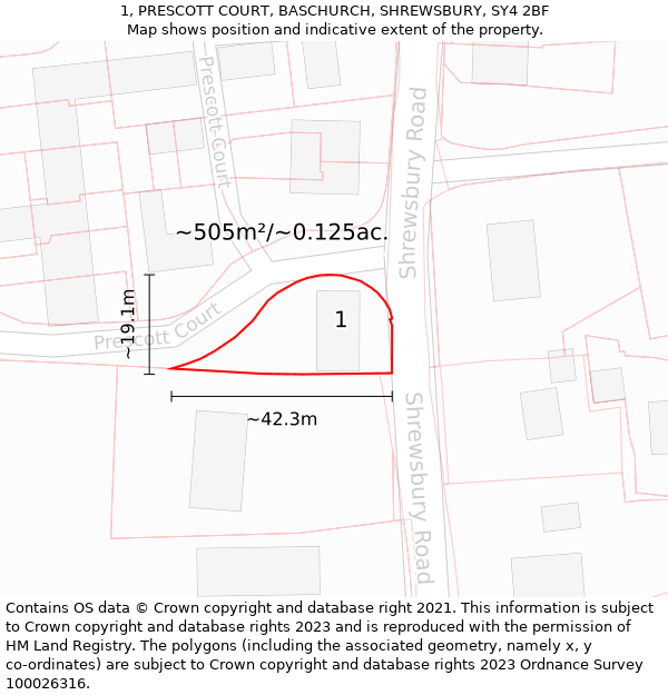 1, PRESCOTT COURT, BASCHURCH, SHREWSBURY, SY4 2BF: Plot and title map