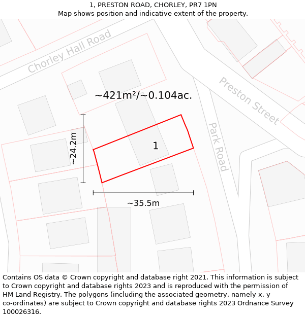 1, PRESTON ROAD, CHORLEY, PR7 1PN: Plot and title map