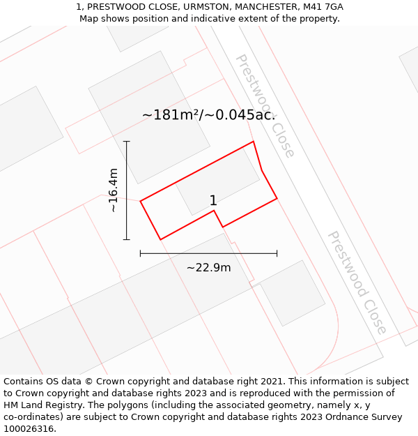 1, PRESTWOOD CLOSE, URMSTON, MANCHESTER, M41 7GA: Plot and title map