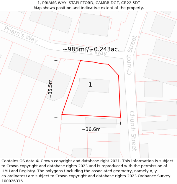 1, PRIAMS WAY, STAPLEFORD, CAMBRIDGE, CB22 5DT: Plot and title map