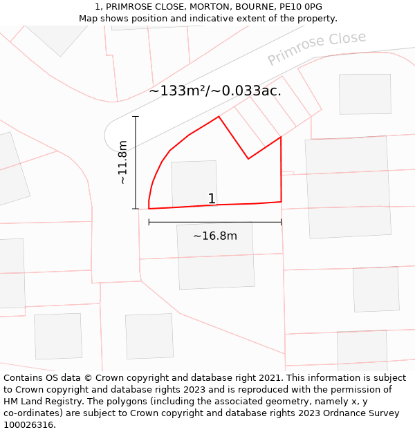 1, PRIMROSE CLOSE, MORTON, BOURNE, PE10 0PG: Plot and title map