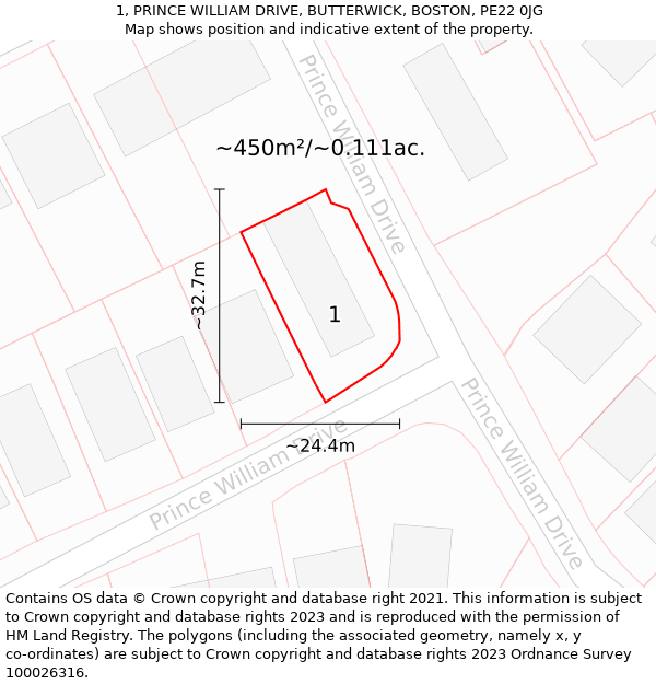 1, PRINCE WILLIAM DRIVE, BUTTERWICK, BOSTON, PE22 0JG: Plot and title map