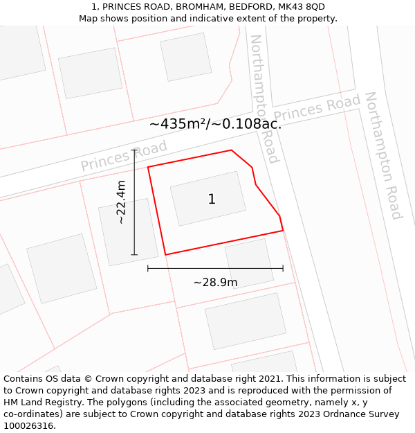 1, PRINCES ROAD, BROMHAM, BEDFORD, MK43 8QD: Plot and title map