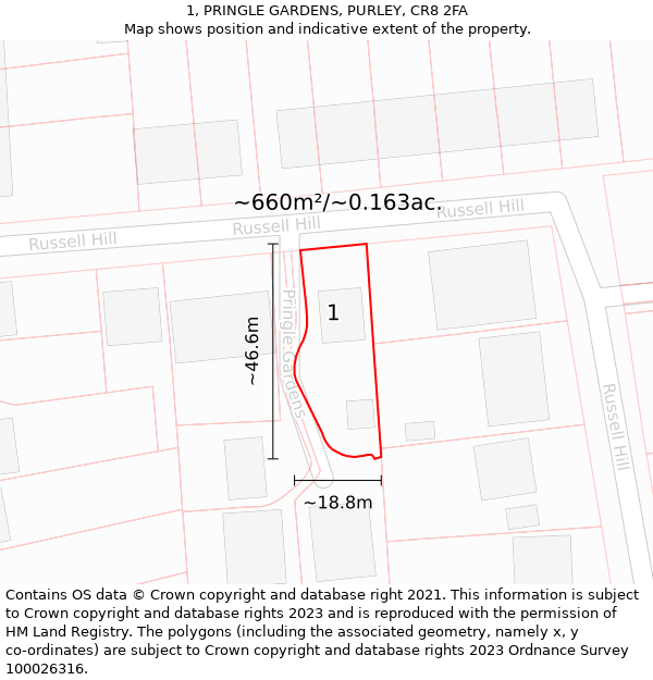 1, PRINGLE GARDENS, PURLEY, CR8 2FA: Plot and title map