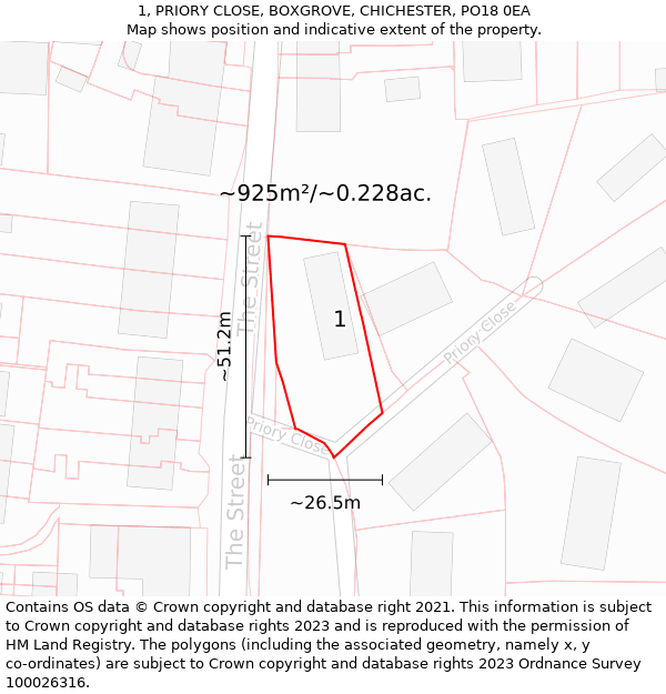 1, PRIORY CLOSE, BOXGROVE, CHICHESTER, PO18 0EA: Plot and title map