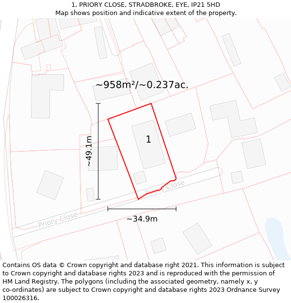 1, PRIORY CLOSE, STRADBROKE, EYE, IP21 5HD: Plot and title map