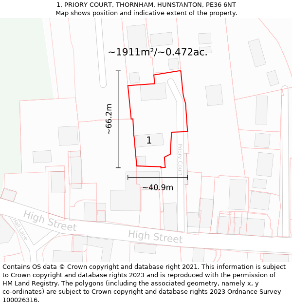 1, PRIORY COURT, THORNHAM, HUNSTANTON, PE36 6NT: Plot and title map