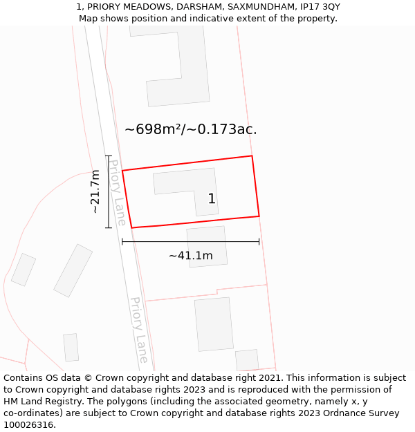 1, PRIORY MEADOWS, DARSHAM, SAXMUNDHAM, IP17 3QY: Plot and title map