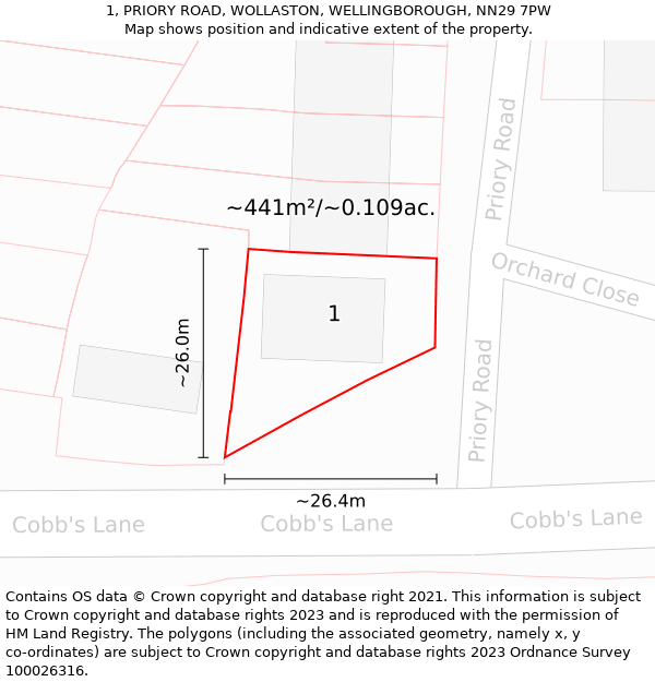 1, PRIORY ROAD, WOLLASTON, WELLINGBOROUGH, NN29 7PW: Plot and title map