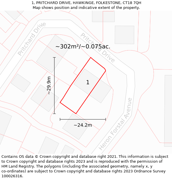 1, PRITCHARD DRIVE, HAWKINGE, FOLKESTONE, CT18 7QH: Plot and title map