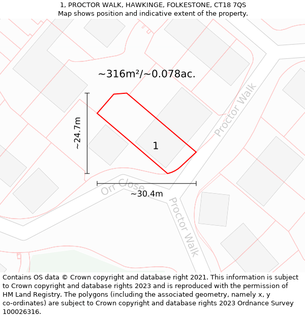 1, PROCTOR WALK, HAWKINGE, FOLKESTONE, CT18 7QS: Plot and title map