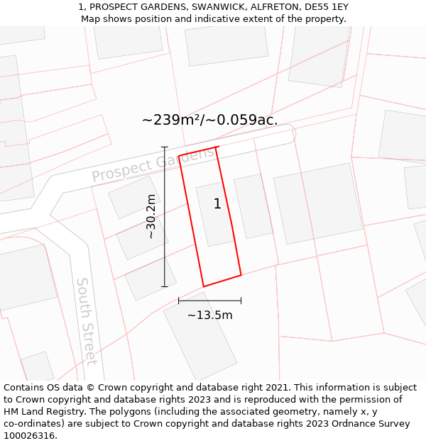 1, PROSPECT GARDENS, SWANWICK, ALFRETON, DE55 1EY: Plot and title map