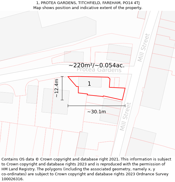 1, PROTEA GARDENS, TITCHFIELD, FAREHAM, PO14 4TJ: Plot and title map