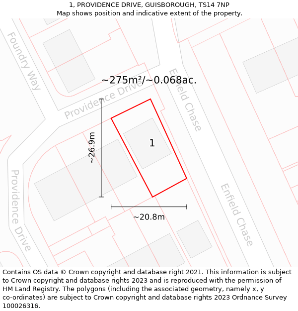 1, PROVIDENCE DRIVE, GUISBOROUGH, TS14 7NP: Plot and title map