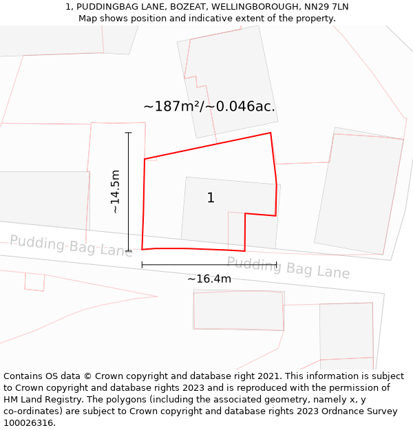 1, PUDDINGBAG LANE, BOZEAT, WELLINGBOROUGH, NN29 7LN: Plot and title map
