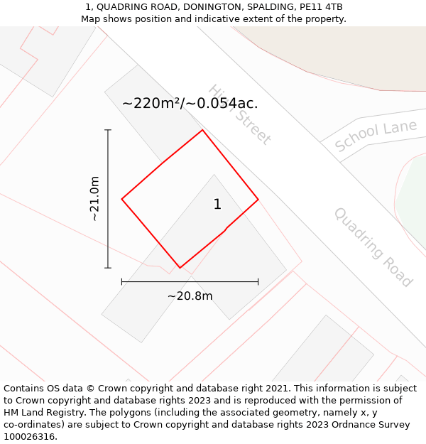 1, QUADRING ROAD, DONINGTON, SPALDING, PE11 4TB: Plot and title map