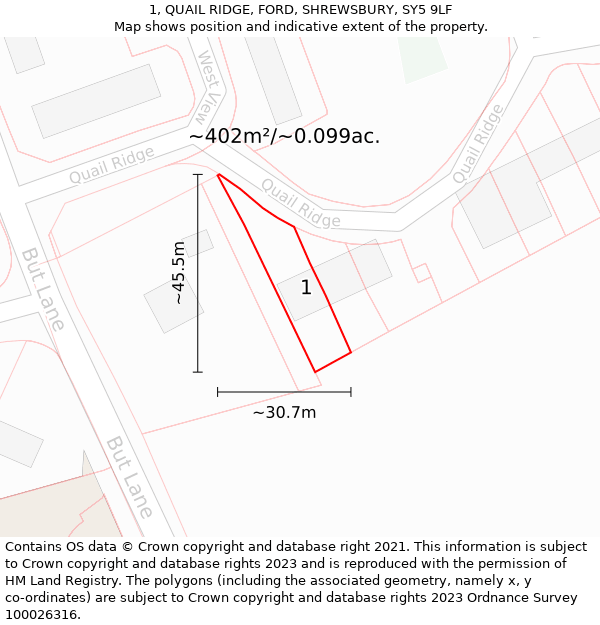 1, QUAIL RIDGE, FORD, SHREWSBURY, SY5 9LF: Plot and title map