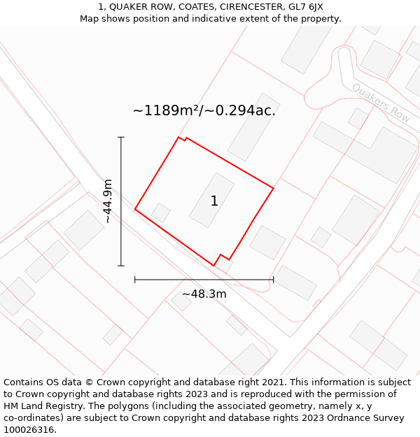 1, QUAKER ROW, COATES, CIRENCESTER, GL7 6JX: Plot and title map