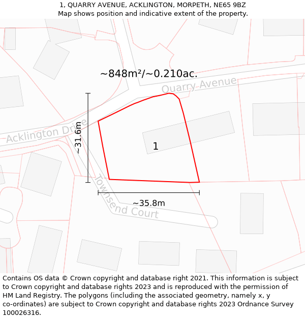 1, QUARRY AVENUE, ACKLINGTON, MORPETH, NE65 9BZ: Plot and title map