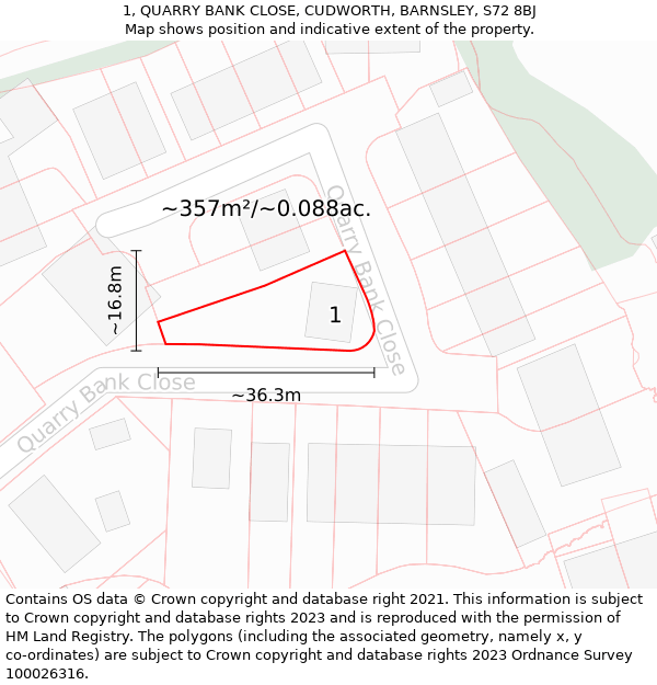 1, QUARRY BANK CLOSE, CUDWORTH, BARNSLEY, S72 8BJ: Plot and title map