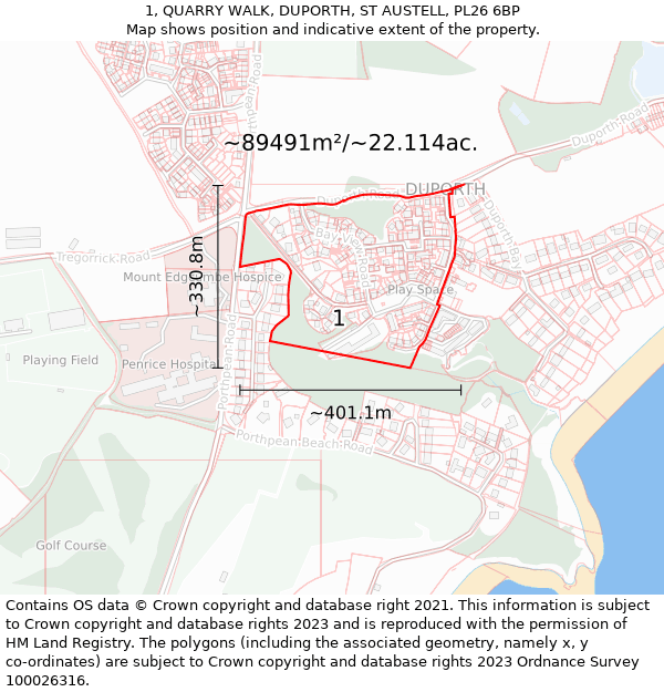 1, QUARRY WALK, DUPORTH, ST AUSTELL, PL26 6BP: Plot and title map