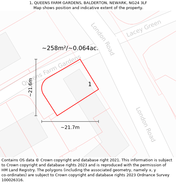 1, QUEENS FARM GARDENS, BALDERTON, NEWARK, NG24 3LF: Plot and title map