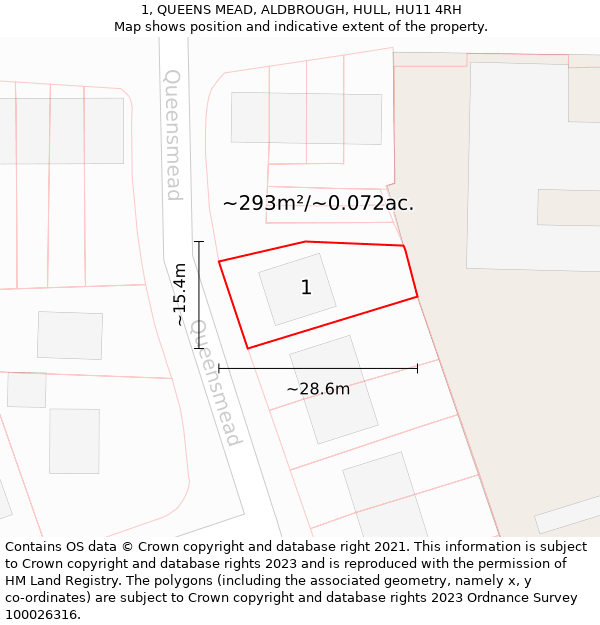 1, QUEENS MEAD, ALDBROUGH, HULL, HU11 4RH: Plot and title map