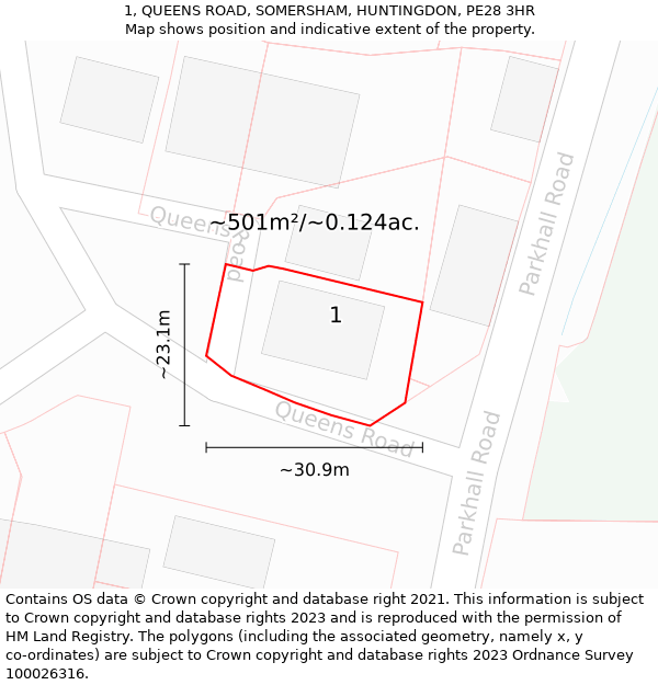 1, QUEENS ROAD, SOMERSHAM, HUNTINGDON, PE28 3HR: Plot and title map