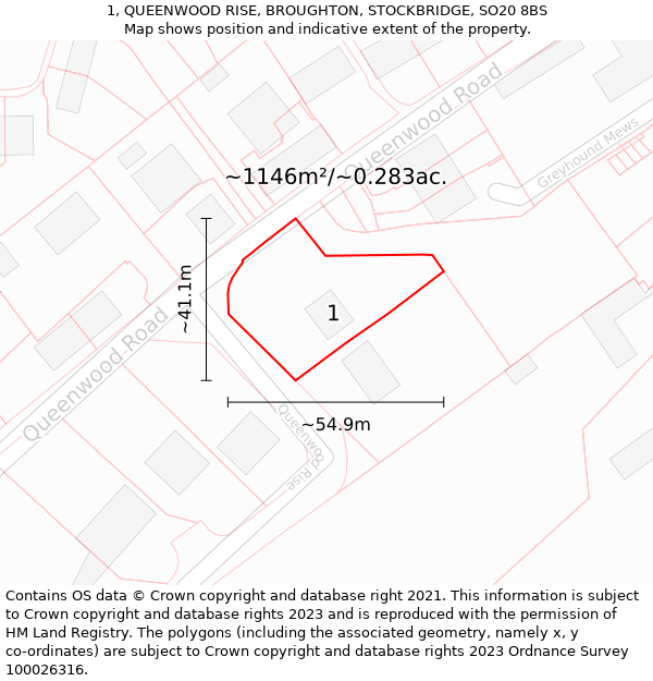 1, QUEENWOOD RISE, BROUGHTON, STOCKBRIDGE, SO20 8BS: Plot and title map