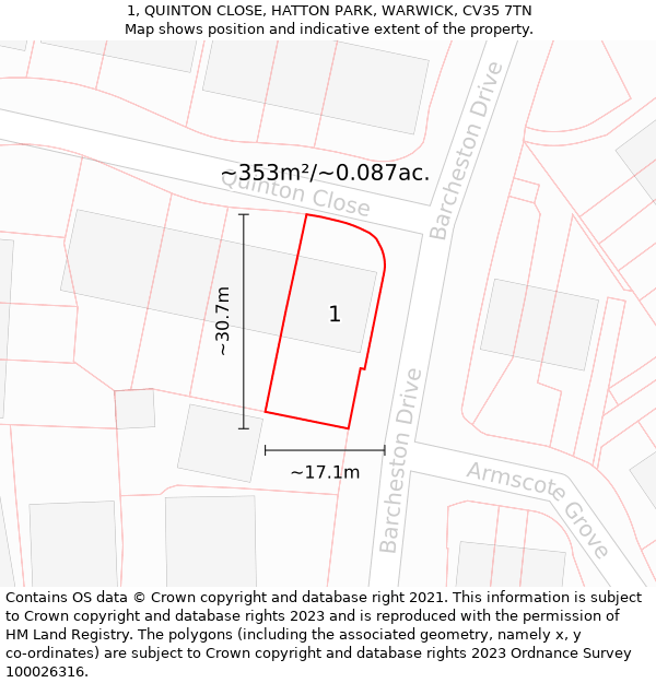 1, QUINTON CLOSE, HATTON PARK, WARWICK, CV35 7TN: Plot and title map