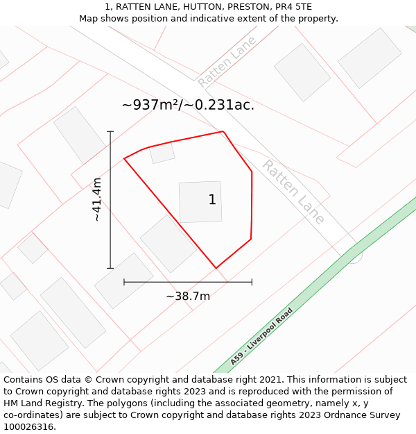 1, RATTEN LANE, HUTTON, PRESTON, PR4 5TE: Plot and title map