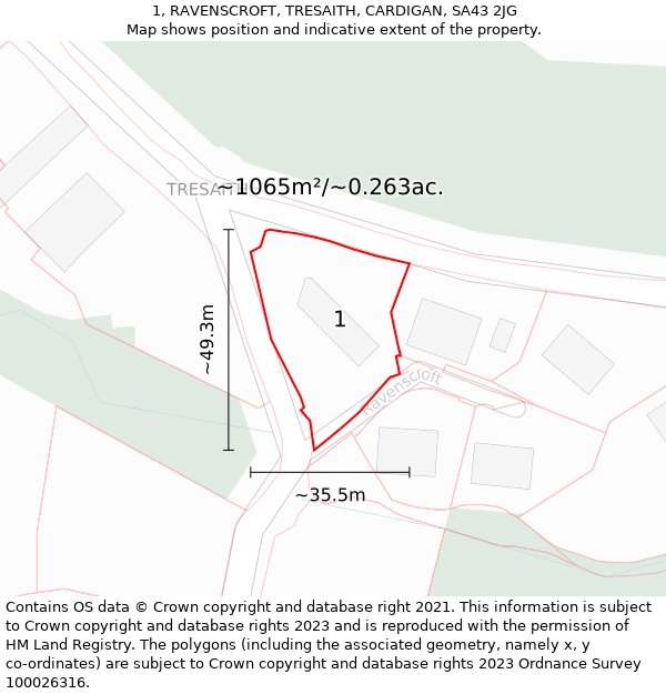 1, RAVENSCROFT, TRESAITH, CARDIGAN, SA43 2JG: Plot and title map