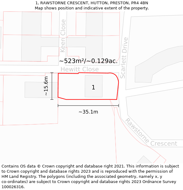 1, RAWSTORNE CRESCENT, HUTTON, PRESTON, PR4 4BN: Plot and title map