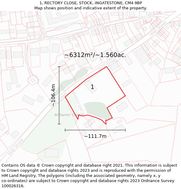 1, RECTORY CLOSE, STOCK, INGATESTONE, CM4 9BP: Plot and title map