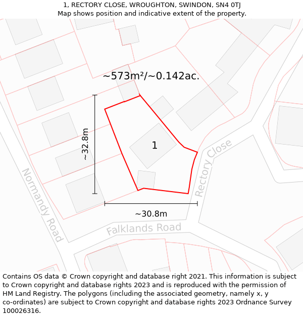 1, RECTORY CLOSE, WROUGHTON, SWINDON, SN4 0TJ: Plot and title map