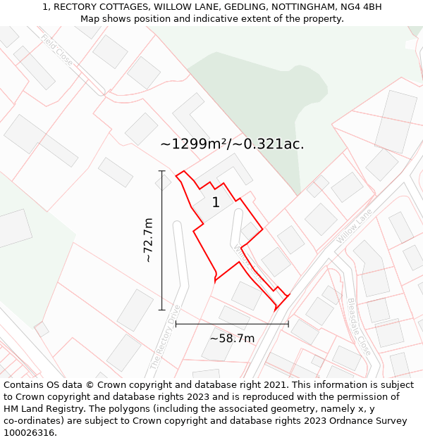 1, RECTORY COTTAGES, WILLOW LANE, GEDLING, NOTTINGHAM, NG4 4BH: Plot and title map
