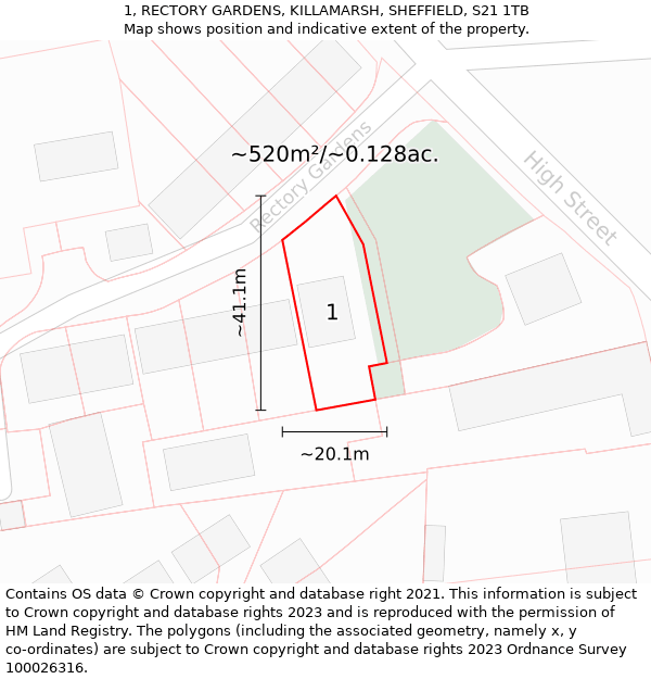 1, RECTORY GARDENS, KILLAMARSH, SHEFFIELD, S21 1TB: Plot and title map