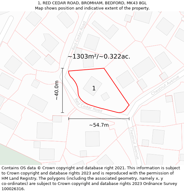 1, RED CEDAR ROAD, BROMHAM, BEDFORD, MK43 8GL: Plot and title map