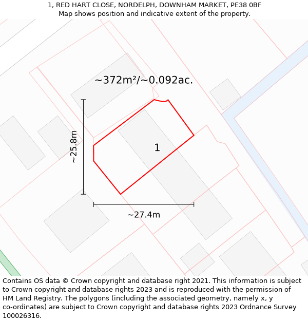 1, RED HART CLOSE, NORDELPH, DOWNHAM MARKET, PE38 0BF: Plot and title map